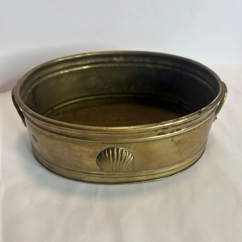 Vintage MCM Brass Oval Planter w Handles and Scallop Shell 8x5.5 Patina Nautical
